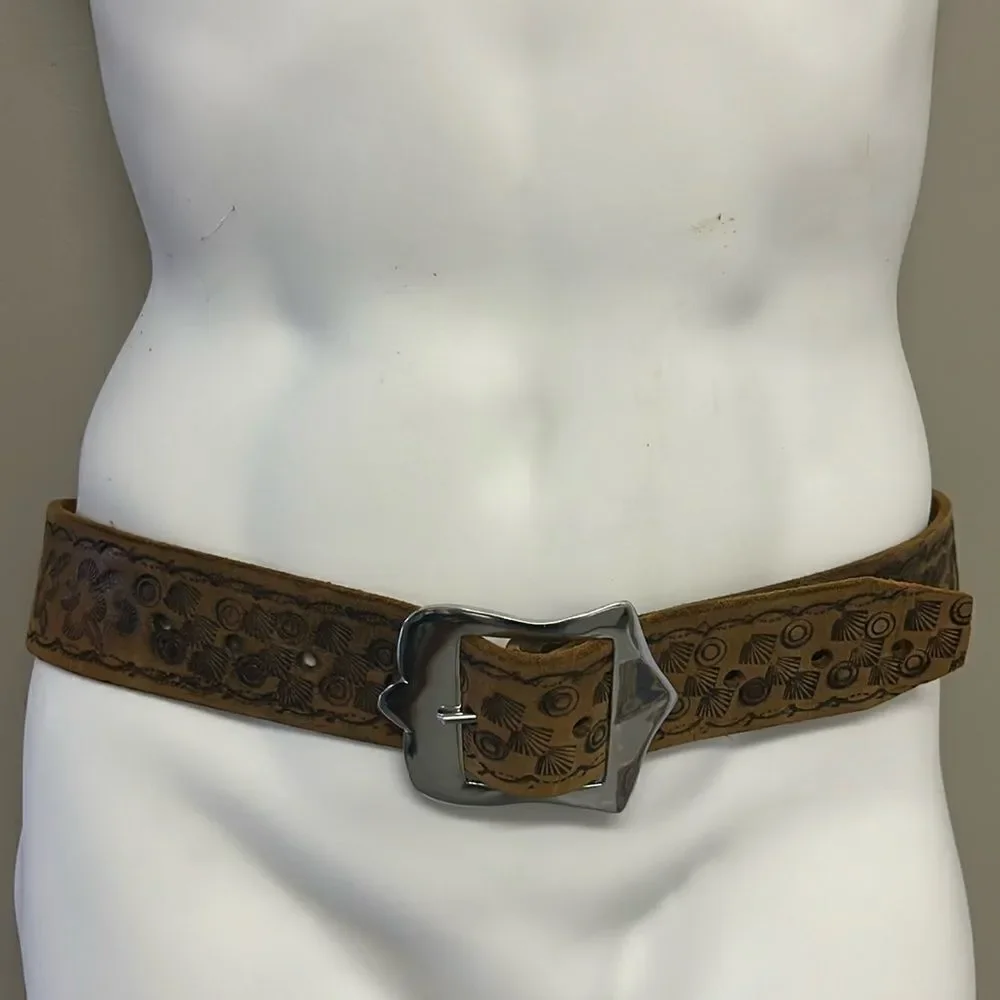 Brown Western Leather Embossed Floral Inspired Belt with Shiny Silver Hardware